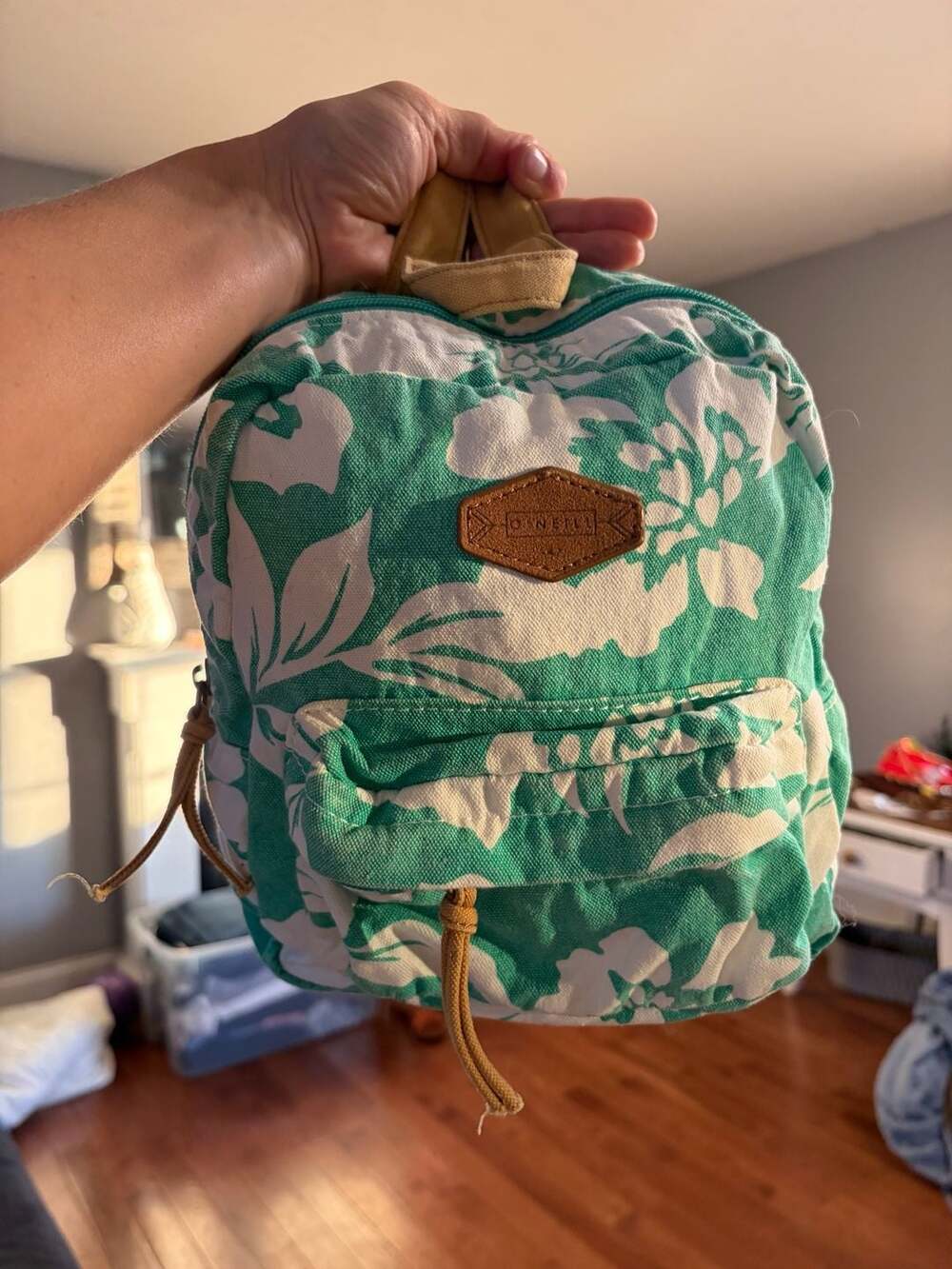 O'Neill Green and White Floral Print Mini Canvas Backpack